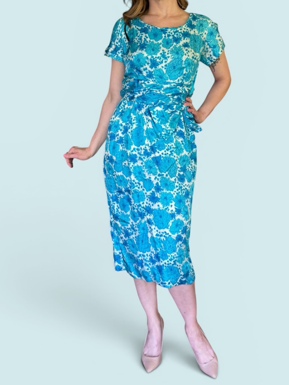Vintage 1950s Turquoise Floral Tie-Waist Midi Dress
